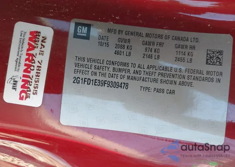 2015 Chevrolet Camaro 1Lt из США, поврежденный, VIN 2G1FD1E39F9309478